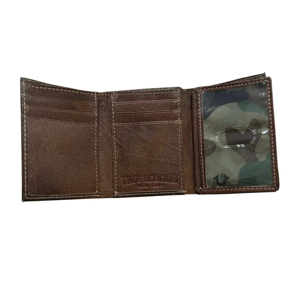 True Religion Mens Genuine Leather Wallet Desk Tray Boxed Gift Set Brown New